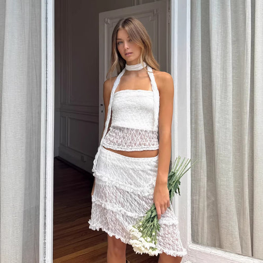 Pure And Seductive White Lace Tube Top And Waist-Cinching Set