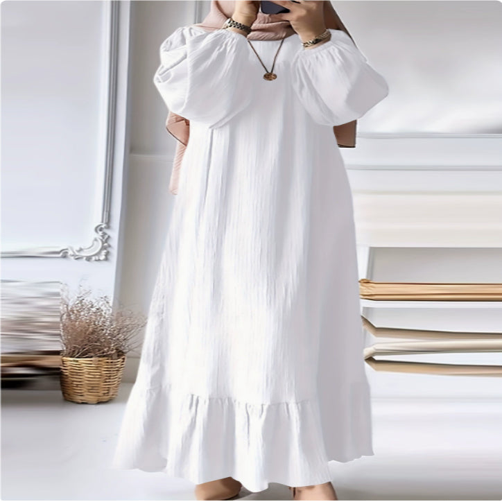 Fashion Solid Color Round Neck Ruffled Long Sleeve Dress