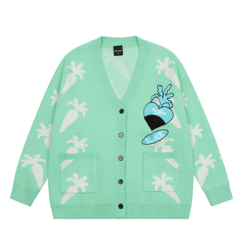Covered With Radish Rabbit Jacquard Knitted Cardigan Boys Loose V-neck Button Sweater Coat