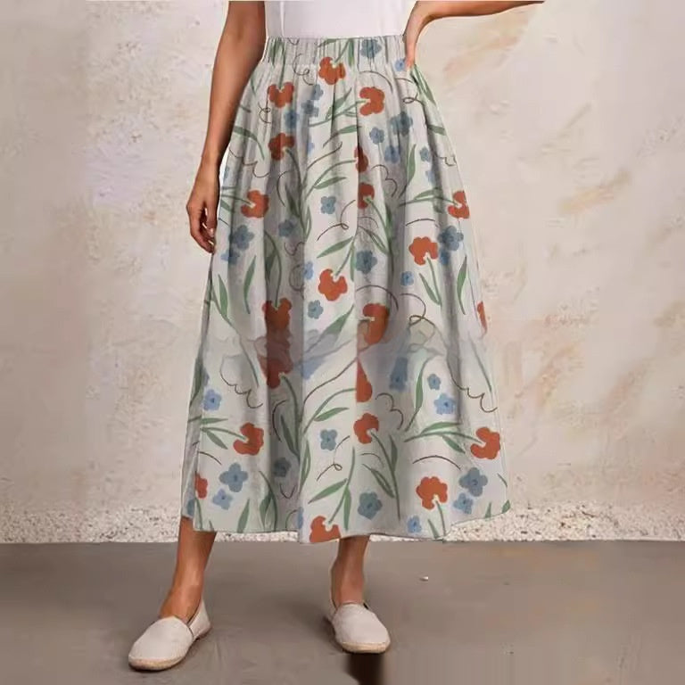 Printed Elastic Waist Slimming Large Hem Skirt