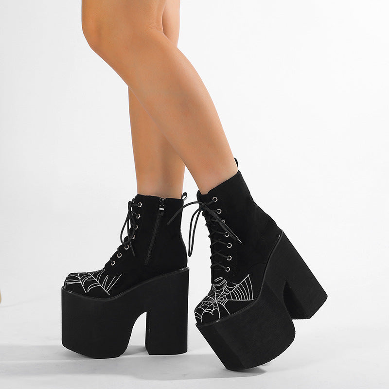 Women's Gothic-style Ultra-high-heeled Dr Martens Boots With Thick Soles And Spiderweb Design