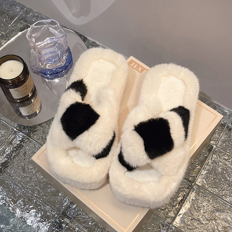 Color Matching Cross Fluffy Slippers Female Autumn And Winter