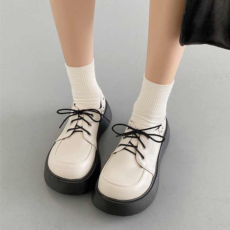 Women's Large Head Retro British Style Lace-up Leather Shoes