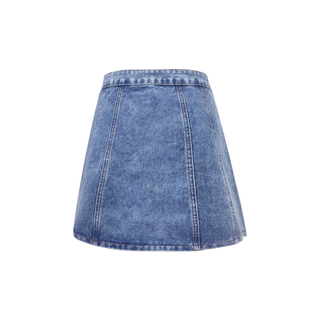 Womens Single-Breasted Defined-Waist Denim Skirt