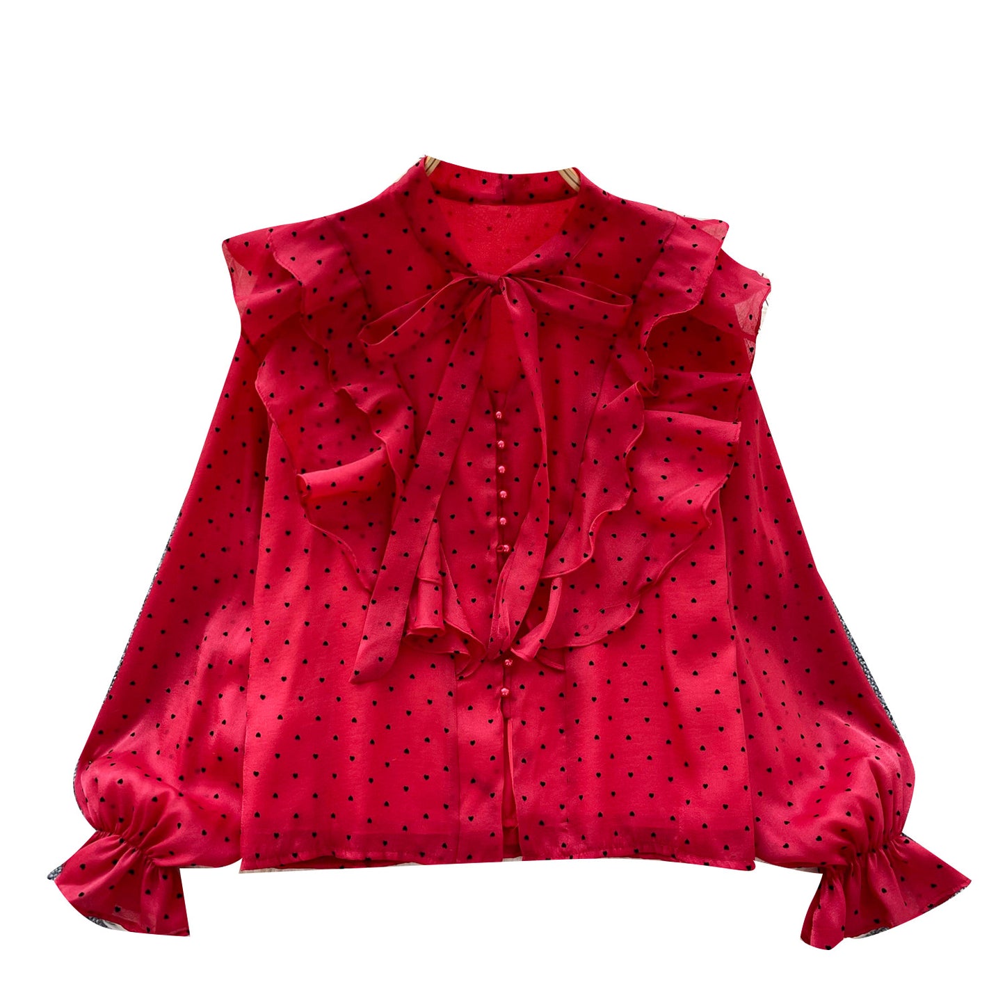 Ruffled Patchwork Heart-print Chiffon Top