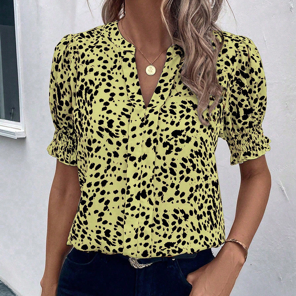 Women's Casual V-Neck Printed Pleated Short-Sleeve Chiffon Blouse