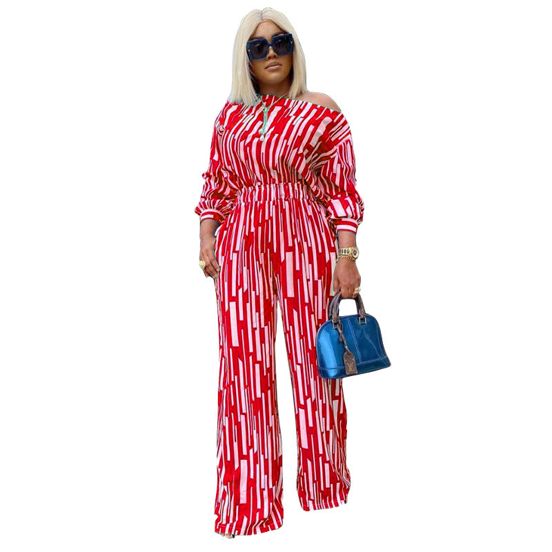 Printed Slant-Neckline Long-Sleeve Loose Casual Set