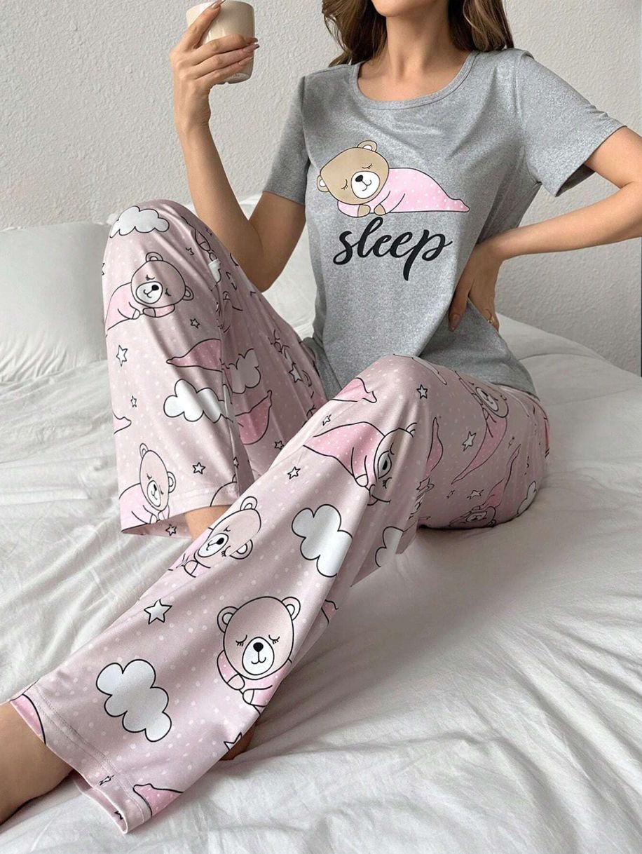 Home Round Neck Printed Short Sleeve T-shirt Top And Trousers Suit