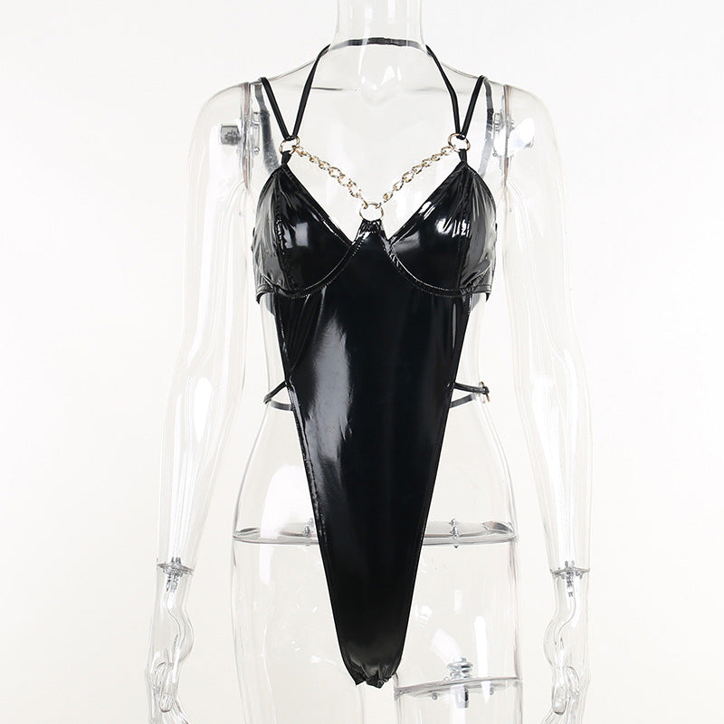 Women's Fashion Shiny Solid Color Chain Bodysuit