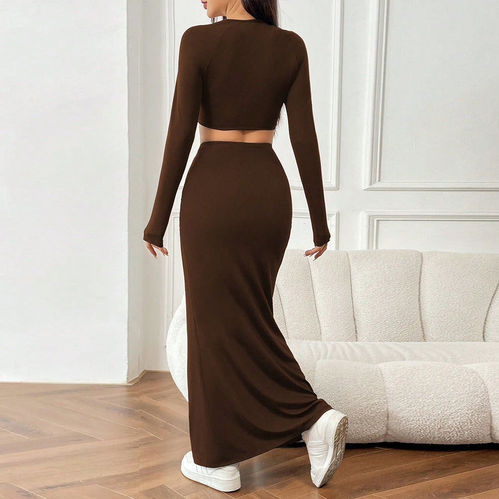 Womens Simple Elegant Fashionable Two-Piece Set Cropped Top And Long Skirt