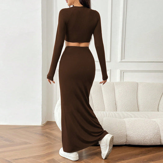Womens Simple Elegant Fashionable Two-Piece Set Cropped Top And Long Skirt