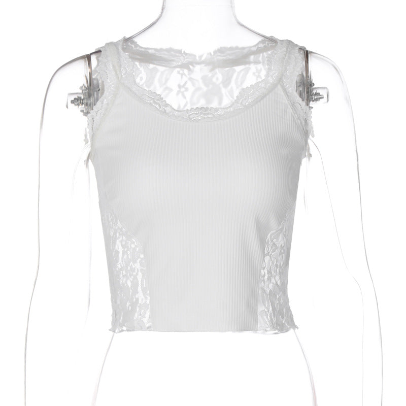 Ins Style Hot Girl Solid Color Stitching Lace Vest