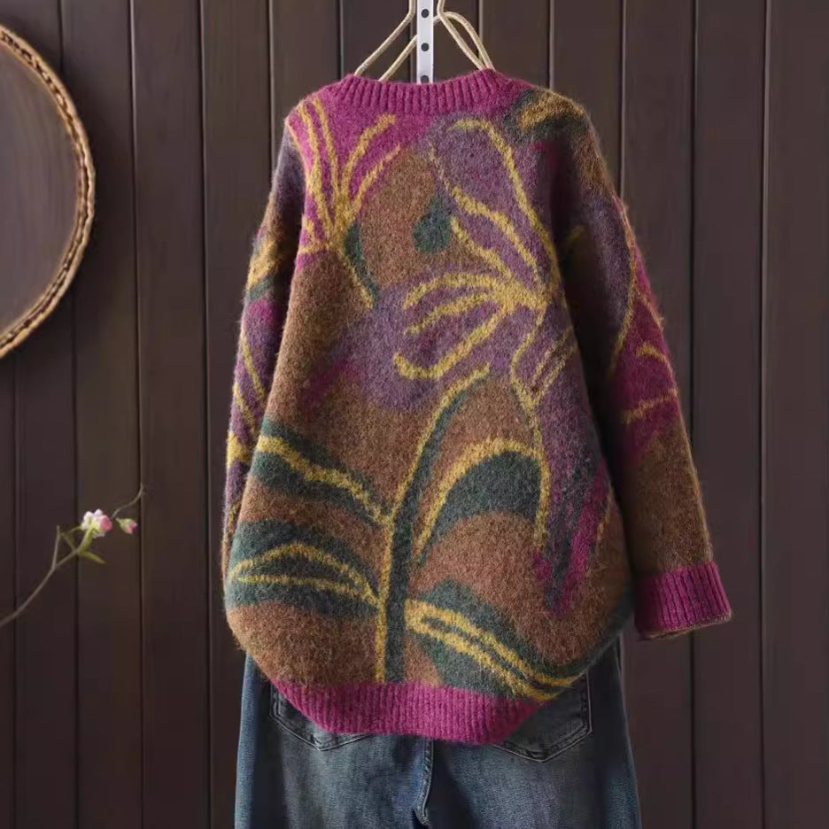 Round Neck Floral Print Retro Style Artistic Sweater