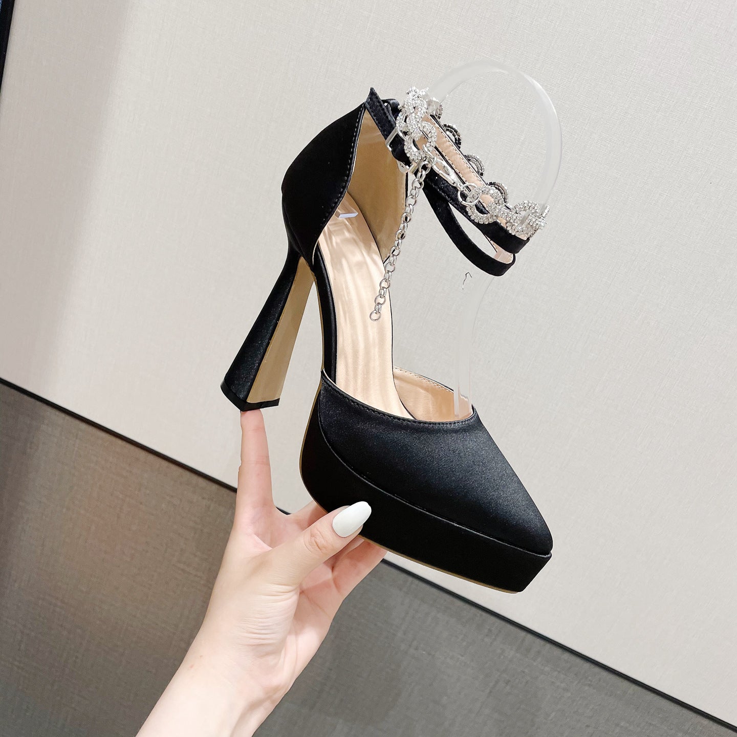 Super High Heel Chunky Heel Waterproof Platform Pointed Toe Toe   13CM         Cap Buckle Rhinestone Sandals