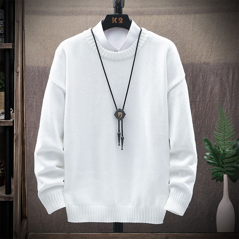 Men's New Casual Round Neck Brown Long-Sleeved Pullover Loose Sweater