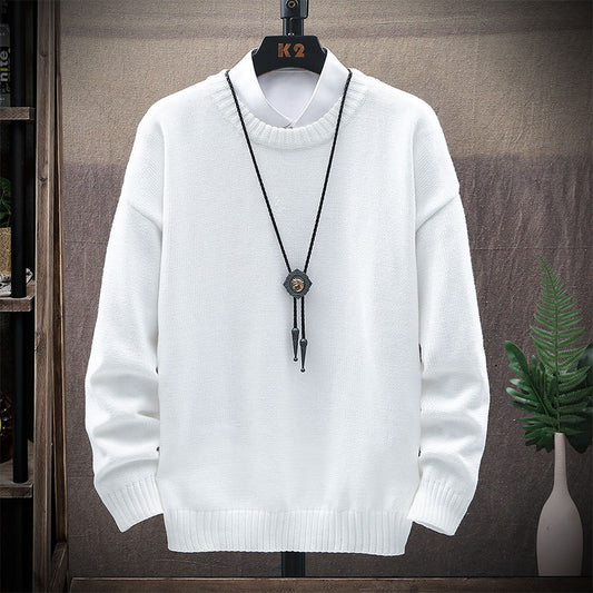 Men's New Casual Round Neck Brown Long-Sleeved Pullover Loose Sweater