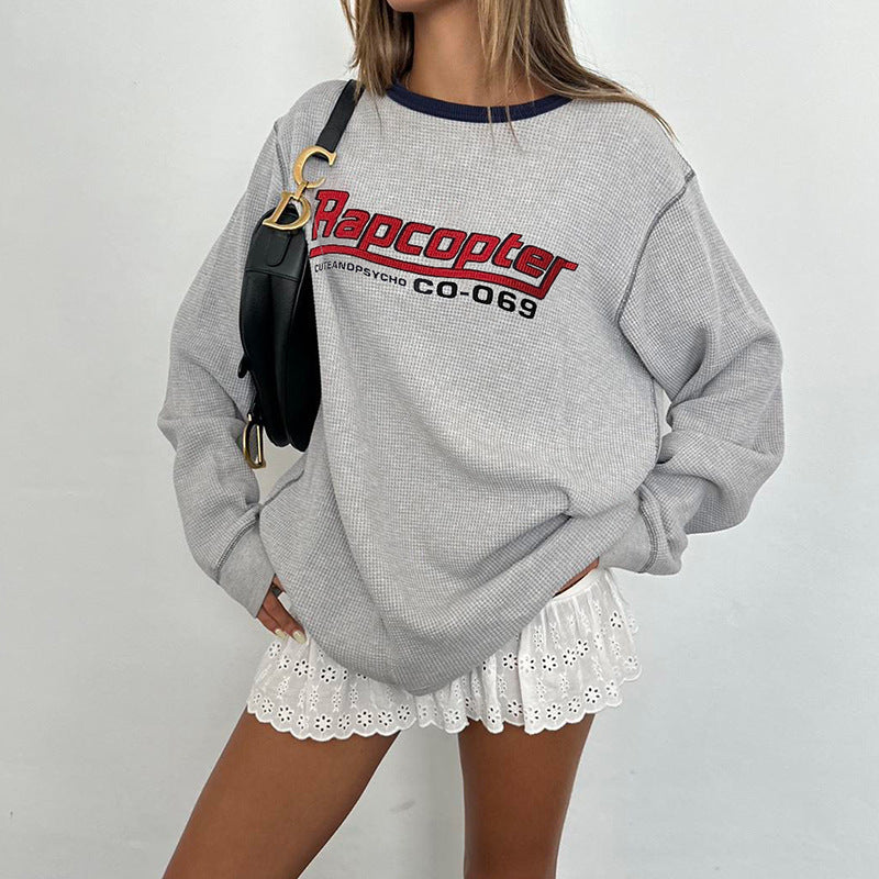 European And American Retro Contrast Color Round Neck Loose Mid-length Long Sleeve Top