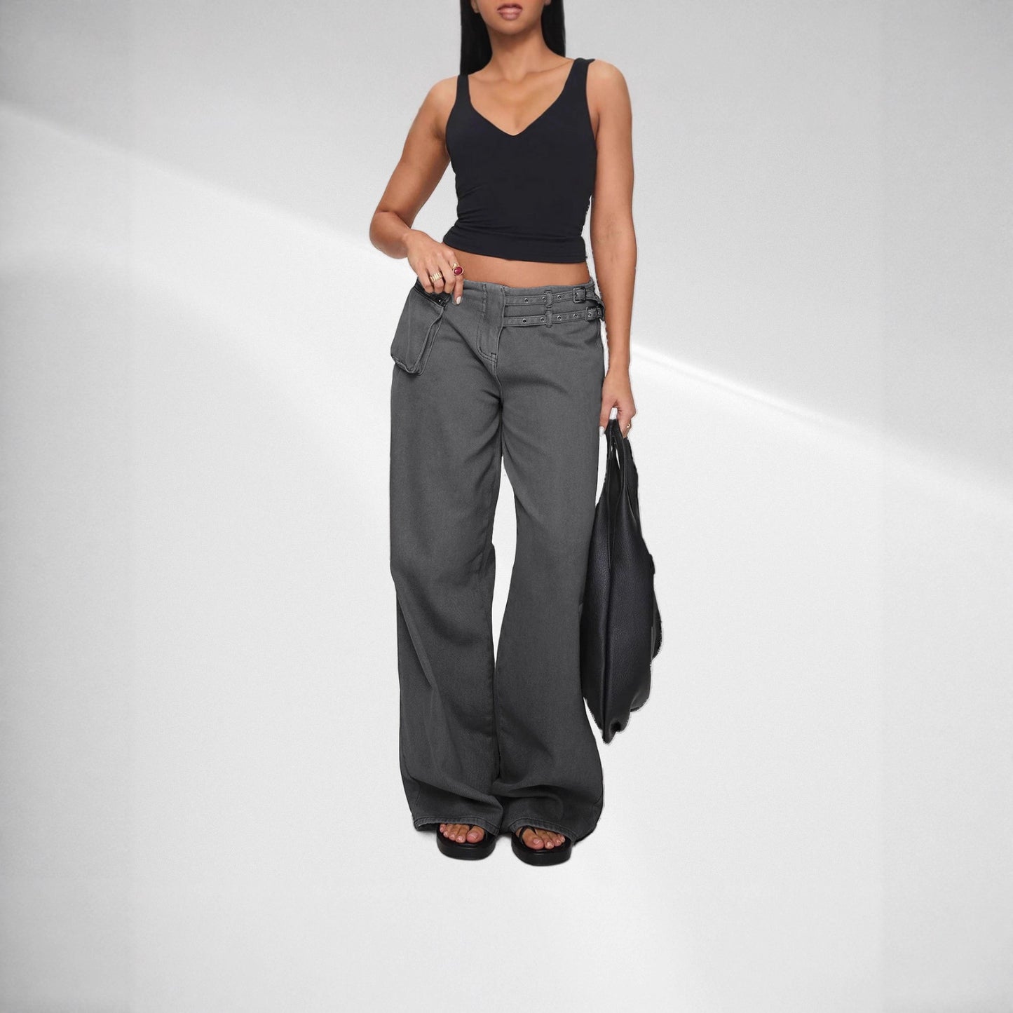 European And American Dark Wide-leg Jeans Personalized Belt Buckle Asymmetric Pocket Drag Sister Out Of The Street
