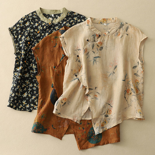Women's New Chinese-style Sleeveless Shirt With Crossbody Buckle Printed Retro And Hipster Style Top