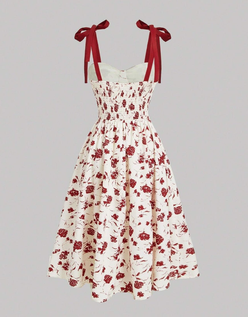 Elegant Lace-Up Shoulder With Floral Print Waist-Cinching Design Vacation-Ready Chic Casual Slip Dress