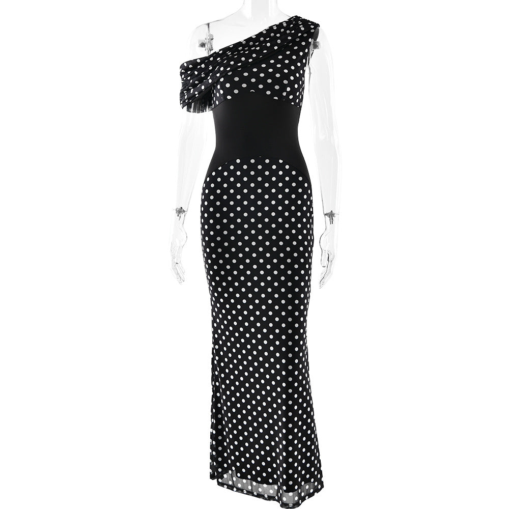 European And American Style Personalized Design Slant-neck Off-shoulder Polka Dot Dress