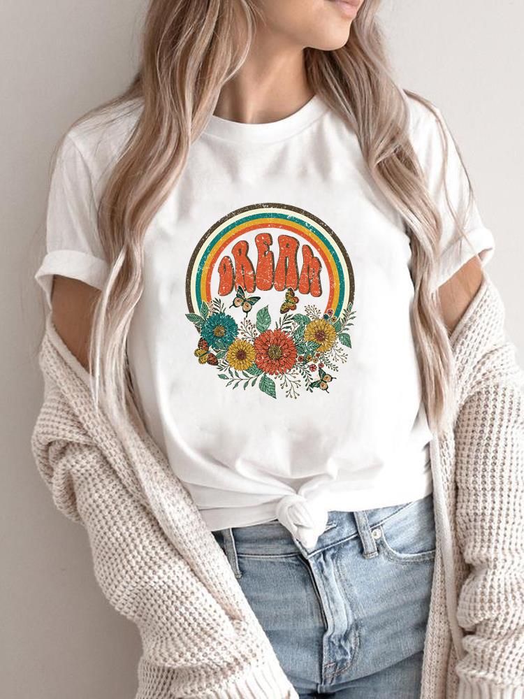 Cute Women's Flower Print Short-sleeved T-shirt