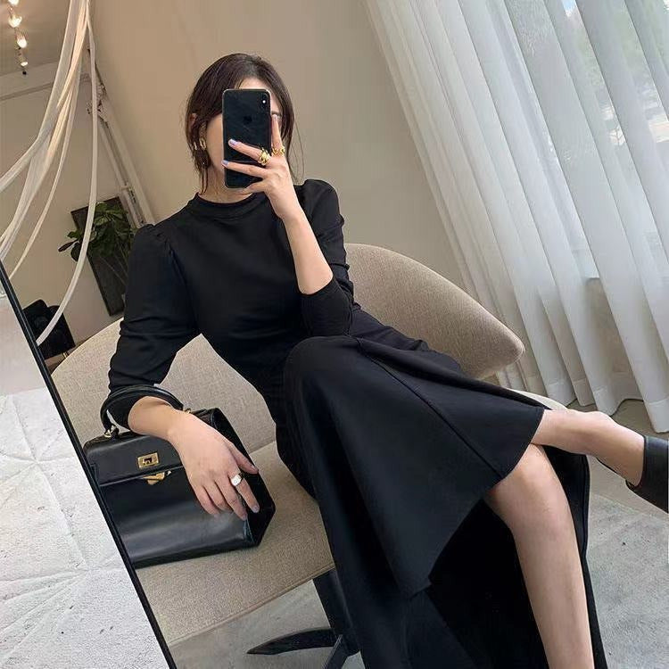 Womens Solid-Color Casual Long-Sleeve Swing Dress