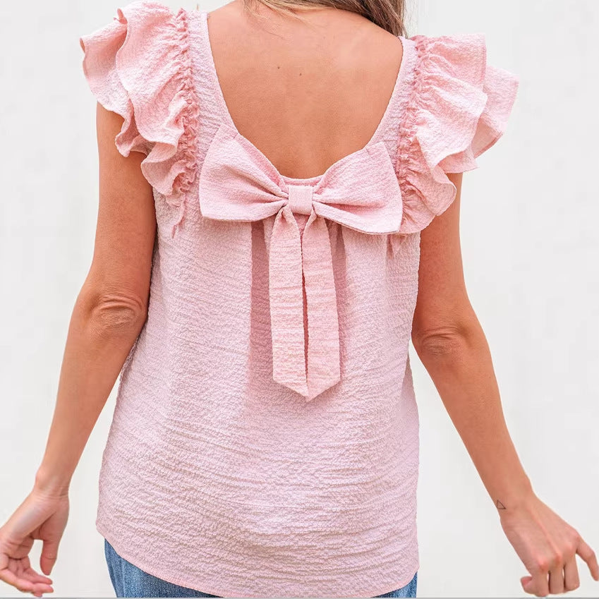 Womens Solid-Color Crew-Neck Sweet Top With Bow-Knot Design