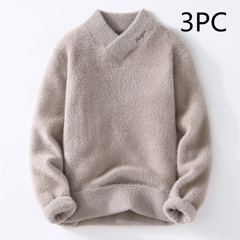 Autumn And Winter Crystal Mink Velvet Trendy Korean Style Half Turtleneck Knitted Sweater For Men