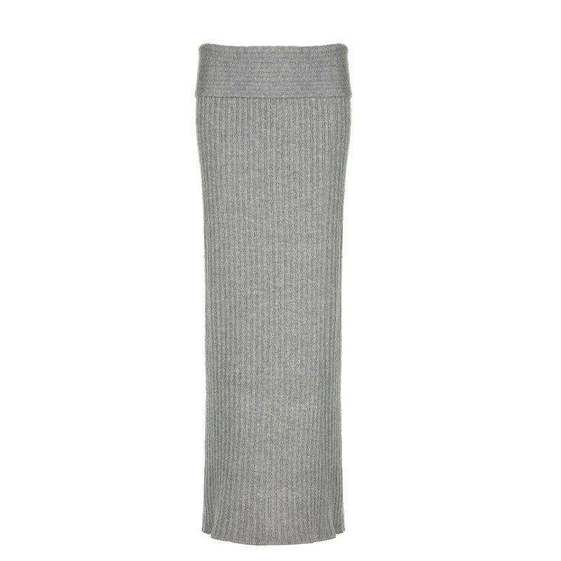 Polyester Fashion Solid Color Woolen Sheath Dress Simple Temperament Slimming Flanging Low Waist Hot Girl Tight Skirt