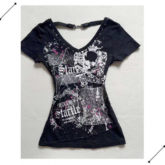 American Retro Trendy Rivet V-Neck Slim-Fit Short Sleeve