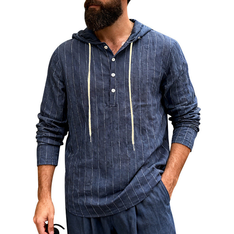 Mens Loose-Fit Casual Long-Sleeve Hooded Shirt