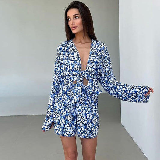 Printed Loose Cozy Long-Sleeve Shorts Pajama Set