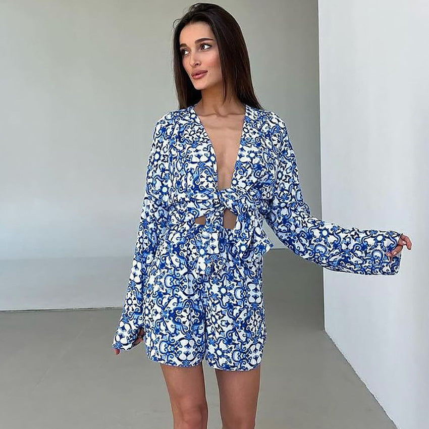 Printed Loose Cozy Long-Sleeve Shorts Pajama Set