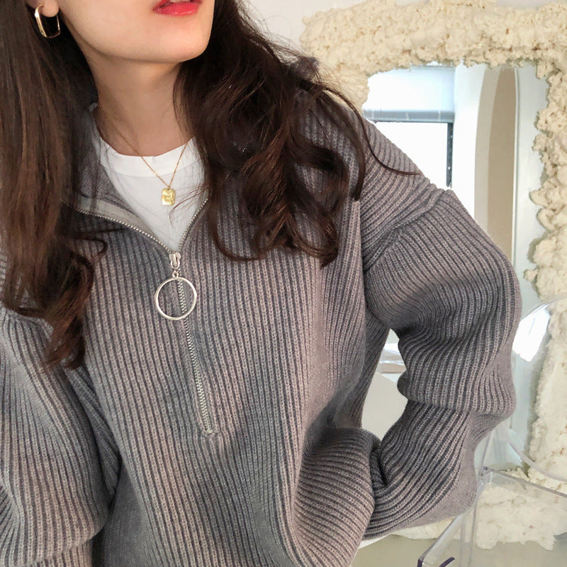 Løs fransk stil stor revers lynlås sweater til kvinder