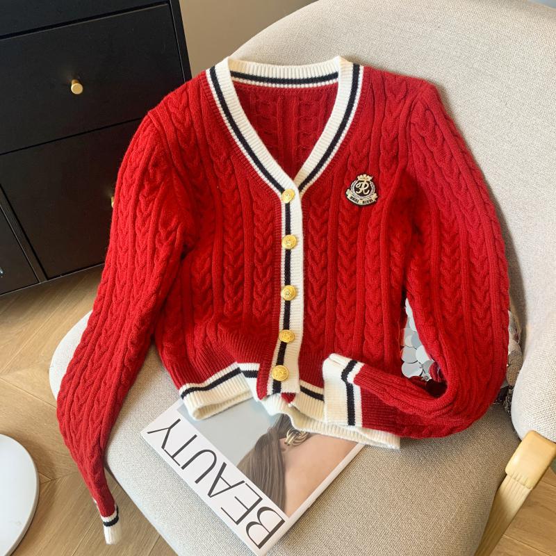 V-collar Contrast Color Knitted Cardigan Waist Slimming Cable-knit Sweater