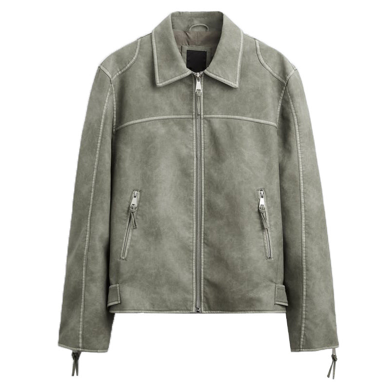 New Men's Zipper Distressed Retro Washed Imitation Leather Jacket Coat