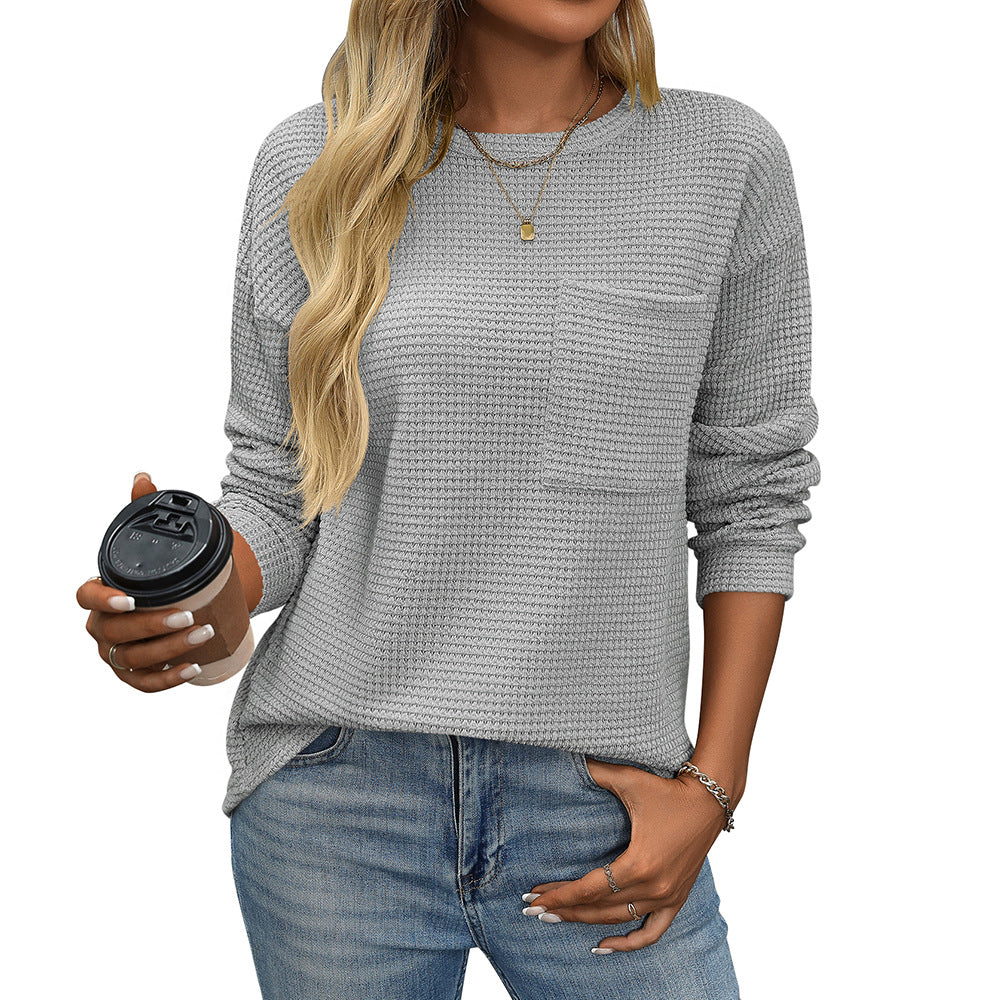 Women's Waffle Round Neck Pocket Loose T-shirt