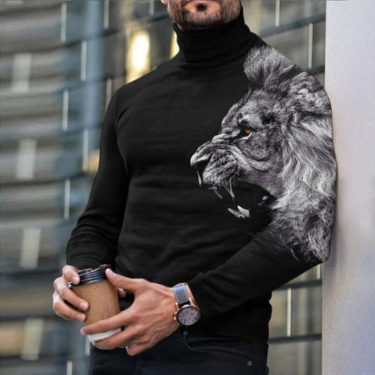 Autumn Winter Men's Long Sleeve Turtleneck T Shirt Printed Casual Top