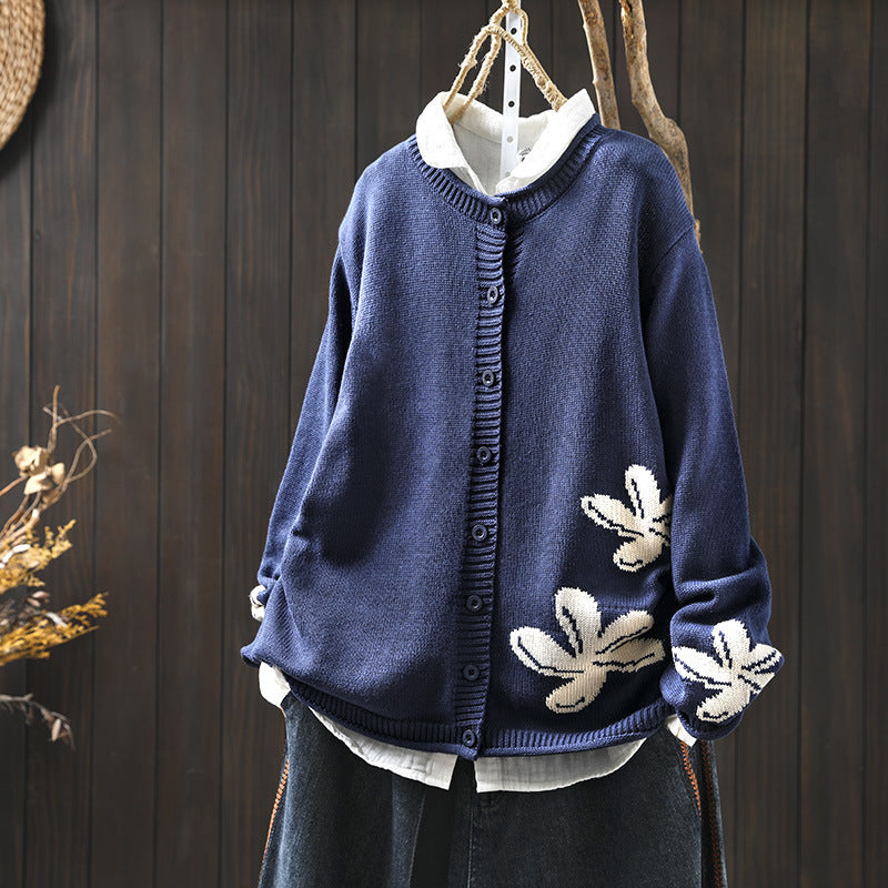 Women's Loose Retro Flower Contrasting Cotton Knit Cardigan