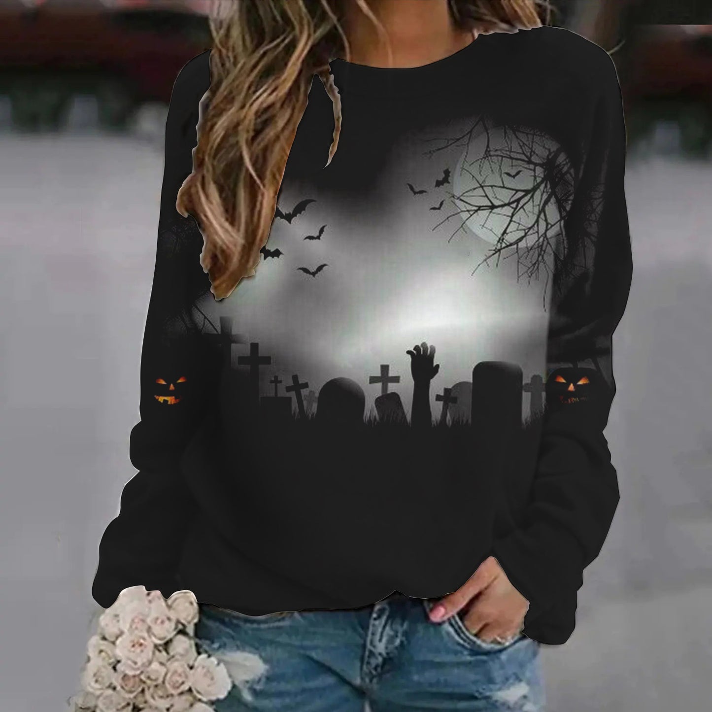 Dame Halloween-sweatshirt med tryk og raglanærmer