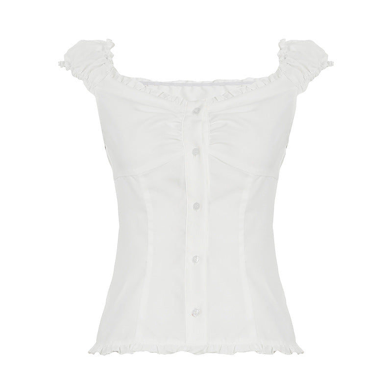 Sweet Slim Fit U-shaped French Wooden Ear Lace-collared Blouse