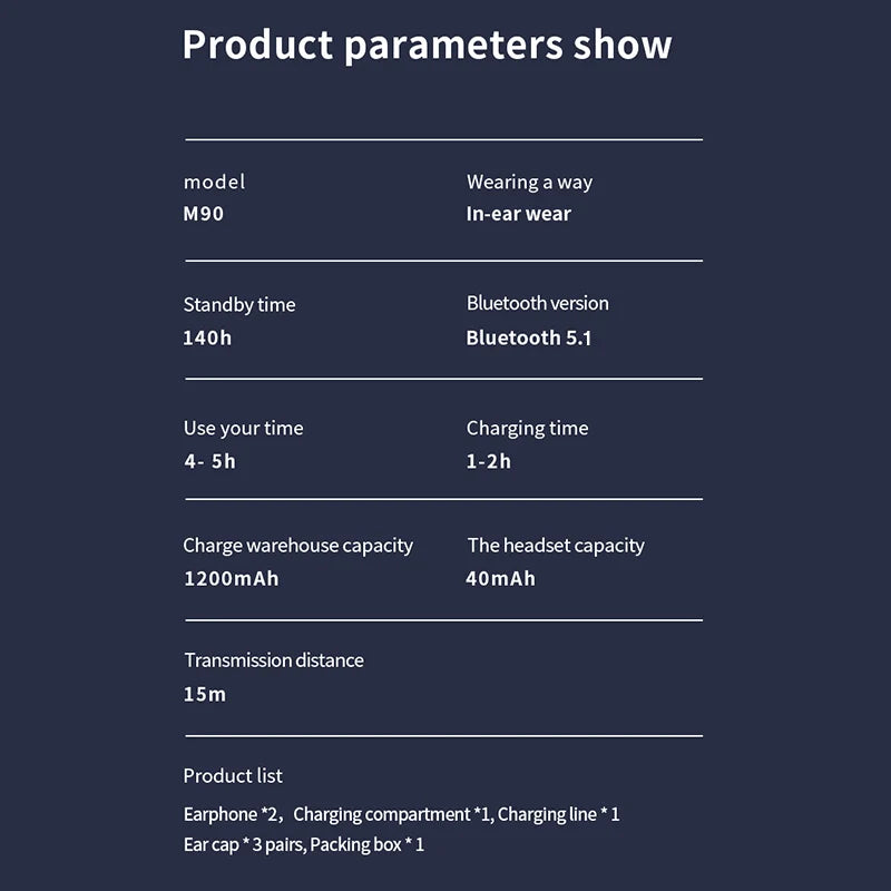 M90 Wireless Headphones TWS Bluetooth Touch Control Earphones Sport Earbuds Hifi Stereo Gaming Headset with Mic for Smartphone