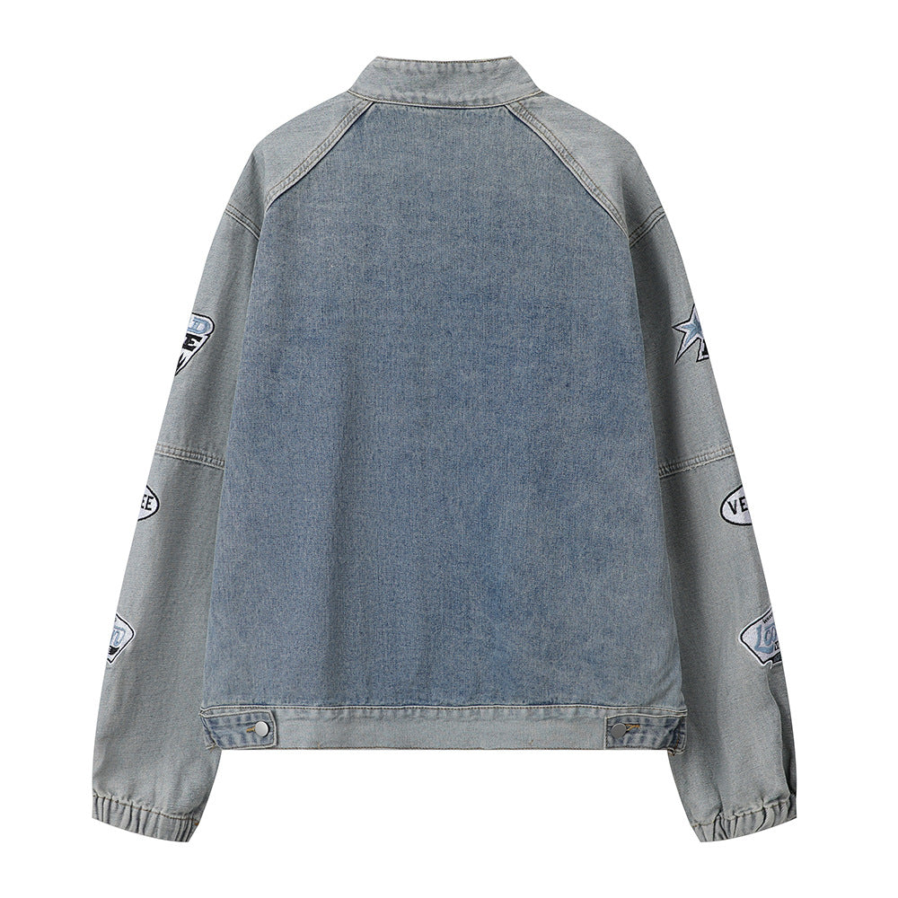 Men's Stitching Embroidered Letters Washed And Worn Zipper Denim Coat Fashion