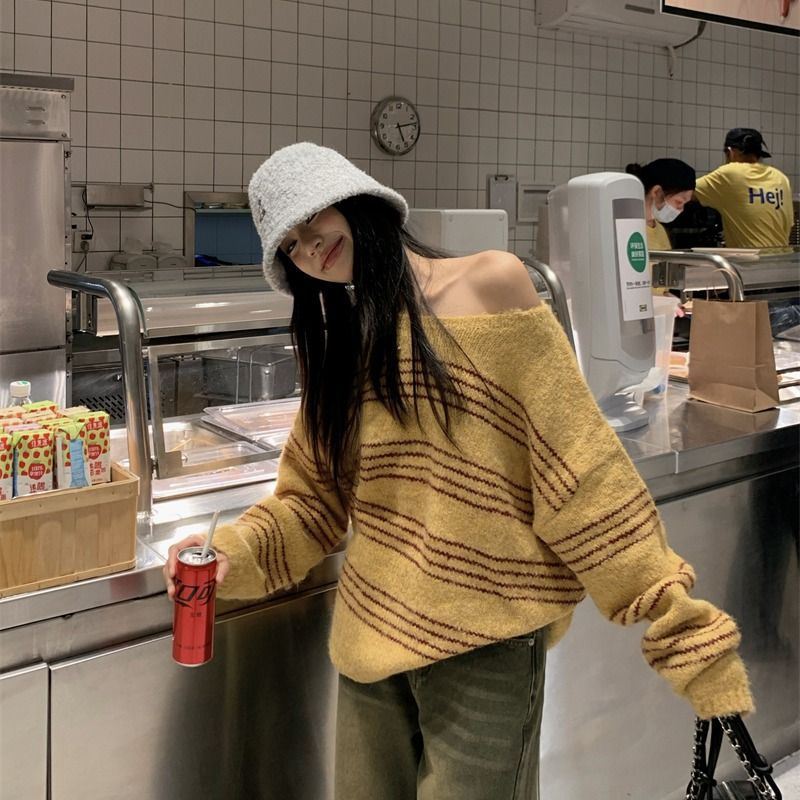 Lazy Style Striped Color-blocking Off-shoulder Knit Sweater Women's New Springautumn Style