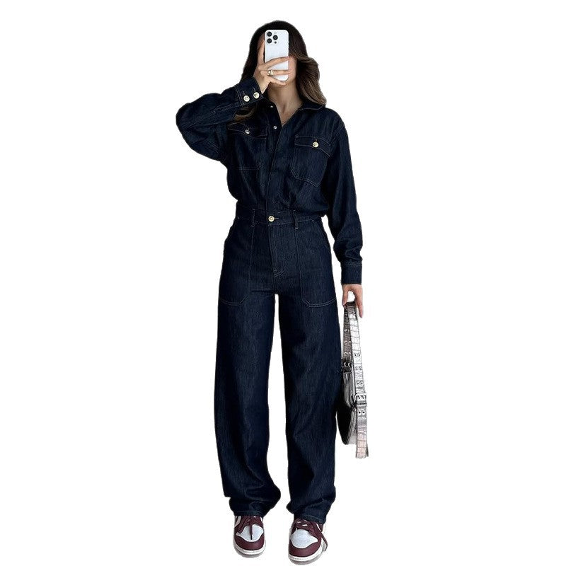 New Womens Dark Blue Casual Straight Jeans Two-Piece Set