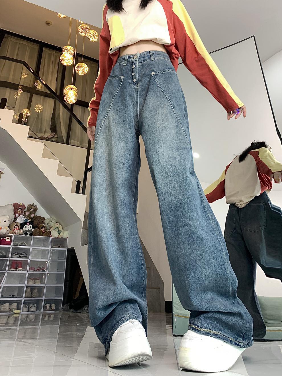 Retro Washed Worn Jeans Slimming And Straight Bootleg Pants