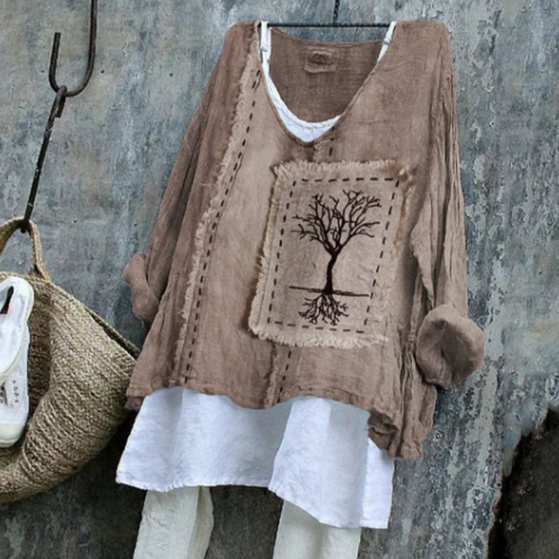 Tree Frayed Fiber Art Linen Blend Long-sleeve Top