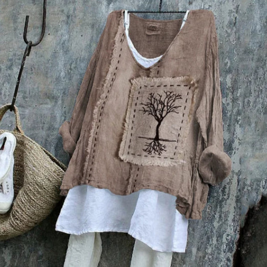 Tree Frayed Fiber Art Linen Blend Long-sleeve Top