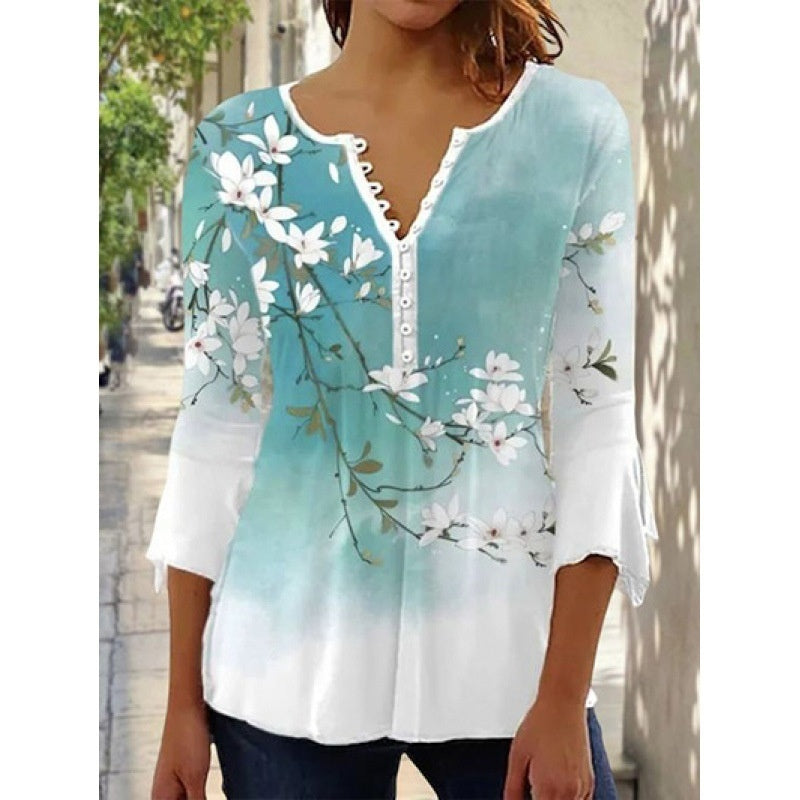 Women's Digital Printing V-neck Long-t-shirt